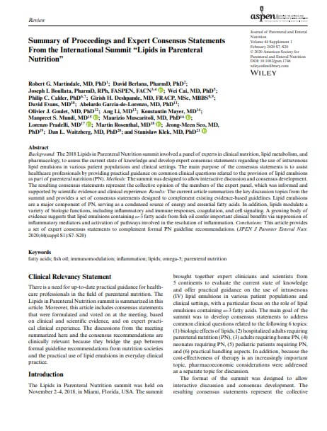 Summary of Proceedings and Expert Consensus Statements From the International Summit “Lipids in Parenteral Nutrition”