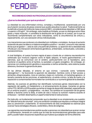 Recomendaciones Nutricionales en caso de Obesidad